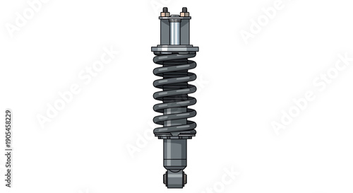 A detailed view of a shock absorber illustrating its mechanical components and structure from a front viewpoint.