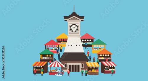 A vibrant illustration of a bustling town square featuring a prominent clock tower surrounded by colorful market stalls and animated people enjoying the lively atmosphere