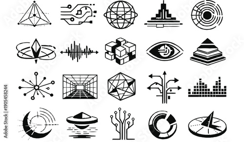 Abstract technology icons vector set for innovation and data visualization, crafted as versatile graphic elements. Features unique identifier ideal for digital future concepts