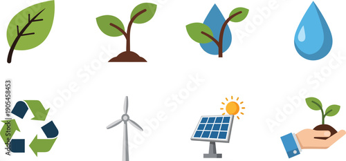 Eco friendly renewable energy and sustainable nature icons