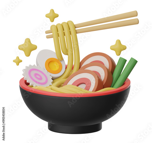 Colorful 3D Ramen Bowl with Chopped Green Onions and Noodles