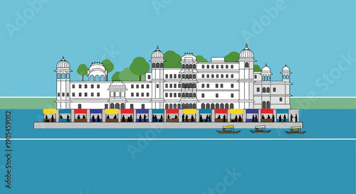 Vector illustration of a majestic white palace floating on tranquil blue waters, showcasing elegant architecture and cultural heritage as a serene travel concept