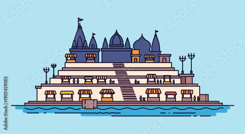 A serene vector illustration of a traditional Indian Hindu temple complex situated on the sacred ghats of a river, a spiritual landmark concept