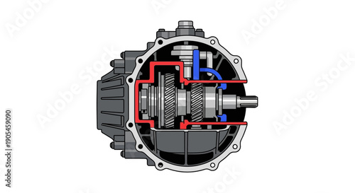 Detailed illustration of a mechanical gearbox component with highlighted parts and annotations, viewed from the front.