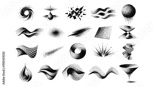  generative abstract shapes with stipple and halftone textures, a versatile collection for modern graphic design, artistic compositions, and digital media projects showcasing creative visual effects