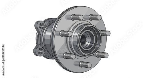 Detailed 3D rendering of a metallic wheel hub assembly with bolts and bearings from a front viewpoint