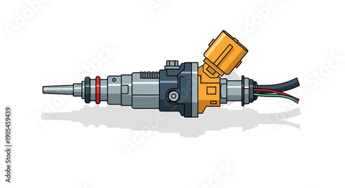 Detailed illustration of a mechanical fuel injector with electrical connector and wires