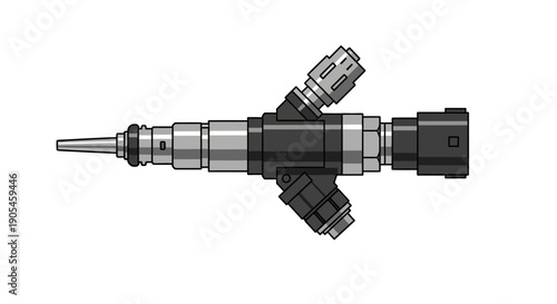 Detailed illustration of a fuel injector component viewed from the side showcasing its mechanical parts and structure