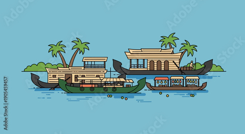 Idyllic Kerala Backwaters scene with traditional houseboats and palm trees on a calm blue water body, a serene tropical travel destination