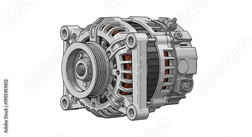Detailed view of an automotive alternator showcasing mechanical components and internal structure from a slightly angled perspective