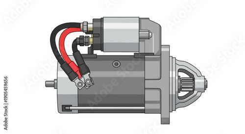 Detailed illustration of a starter motor with visible wiring and mechanical components