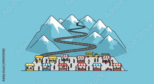 Vibrant mountain market village with diverse small businesses along a winding road, symbolizing economic growth, community connection, and picturesque travel