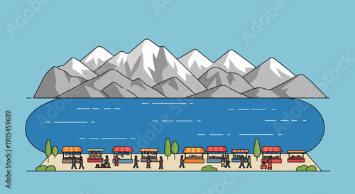 Serene Mountain Lakefront with a Bustling Market Scene, Capturing the Essence of Outdoor Commerce and Natural Beauty with People Shopping at Stalls