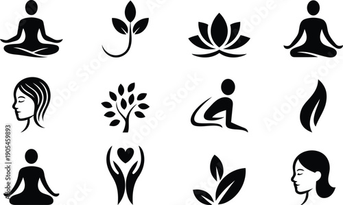 Collection of yoga meditation and nature inspired symbols representing wellness and healthy living elements