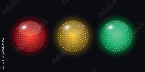 Vector 3d Traffic Light Glowing Dots Set. Red Yellow Green Signal Lamps on Black Background. Realistic Light Indicators for Road Safety, Vector Illustration