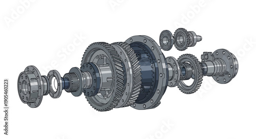 Detailed view of a disassembled mechanical transmission system showcasing various gears and components