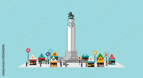 Flat design vector illustration of a historical city square with a monument. Colorful market stalls and cheerful people create a lively urban culture