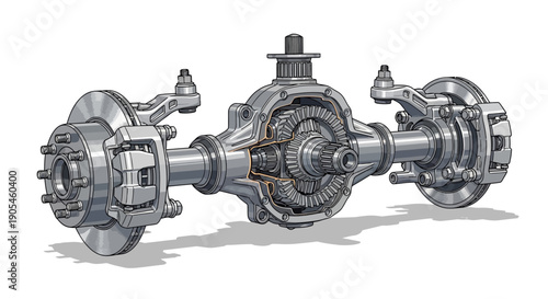Detailed illustration of a vehicle's rear axle assembly showcasing mechanical parts and components