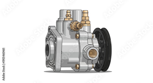 Detailed illustration of a mechanical compressor viewed from the side, showcasing its metal body and brass fittings on a plain background