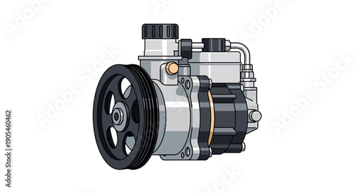 Detailed illustration of a power steering pump with pulley and hydraulic components in a mechanical assembly
