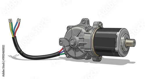 A detailed illustration of an electric motor with wires attached, viewed from the side on a plain background