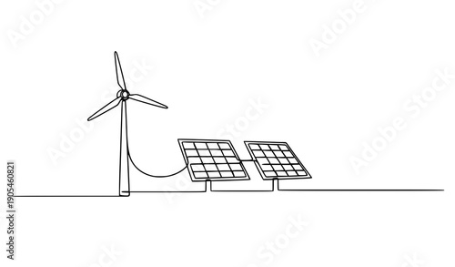 Renewable energy continuous line art wind turbine and solar power vector