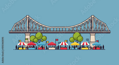 Vibrant Street Market Bustling Underneath a Grand Arch Bridge, Featuring Colorful Stalls, Local Vendors, and Cheerful Crowds in an Outdoor Urban Festival Setting