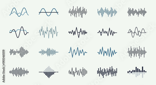 Collection of Sound Waves and Audio Waveforms for Music, Voice, and Digital Frequency Spectrum