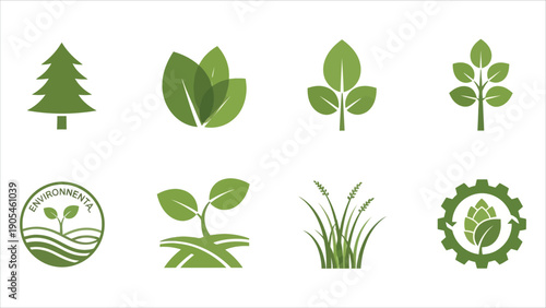 Set of 8 Green Eco and Nature Icons Leaves, Trees, Grass, Farm, Temple, and Clean Tech Symbols for Sustainability
