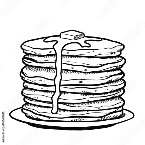 Illustration of a stack of pancakes with syrup and butter on top  breakfast food
