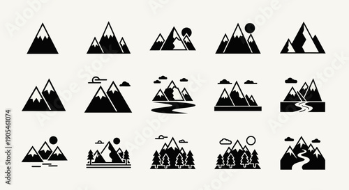 Minimalist Mountain Landscape Icons Set: Vector Symbols of Nature and Outdoors