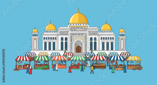Vibrant traditional marketplace in front of a majestic mosque with golden domes and minarets, a lively cultural scene showcasing daily life and community activity