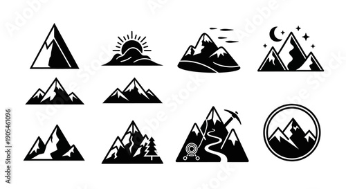 Mountain Icons Set. Vector Collection of Nature, Adventure, and Travel Logos for Outdoor Design