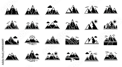 Mountain icons set. Minimalist vector silhouettes of peaks, hills, and landscapes. Outdoor adventure symbols.