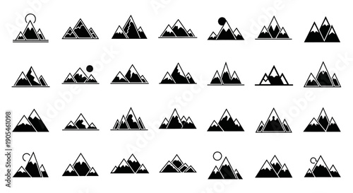 Mountain icons set. Vector silhouettes of peaks. Minimalist nature landscape symbols collection.