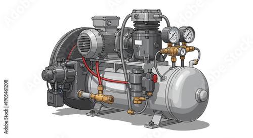 Detailed illustration of an industrial compressor system with pipes and gauges from a side viewpoint