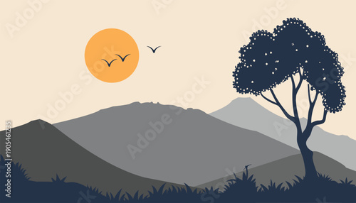 A tranquil sunset illuminates a layered mountain landscape with silhouetted trees and birds flying in the warm orange sky