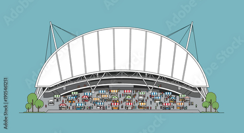 A dynamically designed modern stadium with a curved roof, encompassing a vibrant urban marketplace bustling with diverse crowds and commercial stalls, a lively community hub