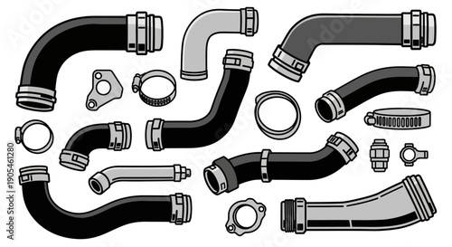 Various industrial pipes and fittings displayed in a collage, showcasing different shapes and connections, technical illustration, isometric view