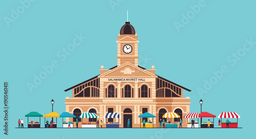 Charming Town Square Scene Featuring a Historic Clock Tower Building Surrounded by Colorful Market Stalls on a Bright Sunny Day, Evoking a Sense of Community and Local Commerce