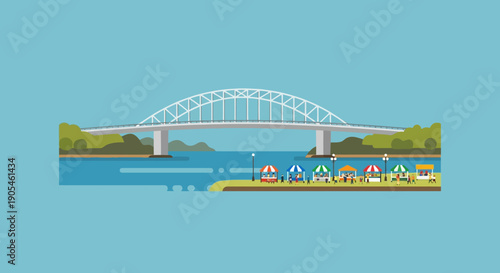 Illustrative scene of a grand arched bridge spanning serene blue waters, leading to a vibrant market with colorful stalls, umbrellas, and green banks