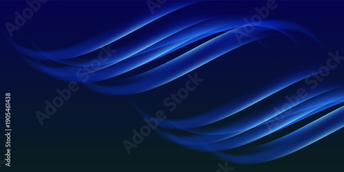 Elegant blue flowing waves on dark gradient background, modern abstract light motion technology style.