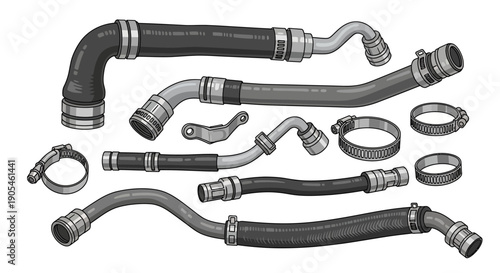 Assorted vehicle hoses and fittings displayed on a white background from a top-down viewpoint