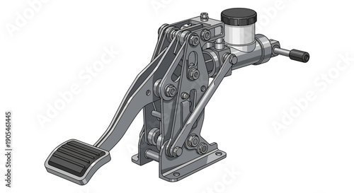 Detailed view of a mechanical clutch pedal assembly, showcasing its intricate components and structure from a slightly angled perspective.