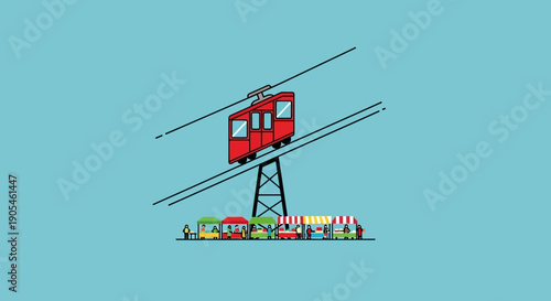Charming Red Cable Car Ascends Above a Bustling Street Market Scene, Evoking a Sense of Whimsical Travel and Lively Commerce Under a Clear Sky