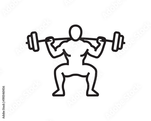 Barbell back squat fitness icon. Muscular man weightlifting symbol for gym, workout, and powerlifting. Vector outline illustration.