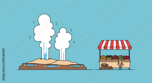 Exploring geothermal wonders and vibrant market stalls a serene illustration of natural power and local commerce depicted on a light blue background, symbolizing resourcefulness and community spirit