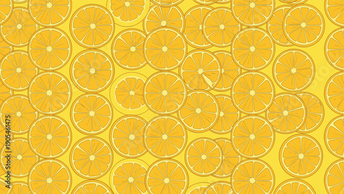 Seamless pattern of sliced orange citrus fruits scattered over a bright yellow background, fresh and healthy summer fruit design elements.