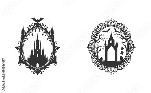 Spooky vampire bat mirror frame and ornate peacock feather border