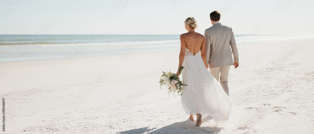 custom made wallpaper toronto digitalNewlywed couple walks along pristine shoreline in elegant wedding attire holding bridal bouquet.
